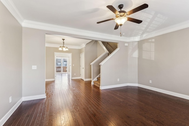 unfurnished room with crown molding, ceiling fan with notable chandelier, and dark hardwood / wood-style floors