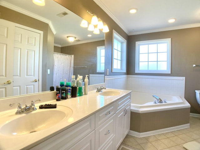 full bathroom with tile patterned flooring, vanity, toilet, ornamental molding, and plus walk in shower