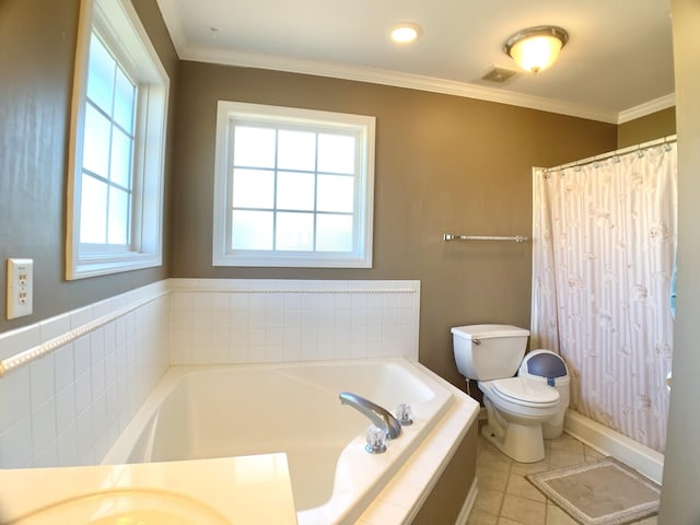 bathroom with toilet, tile patterned flooring, plenty of natural light, and ornamental molding