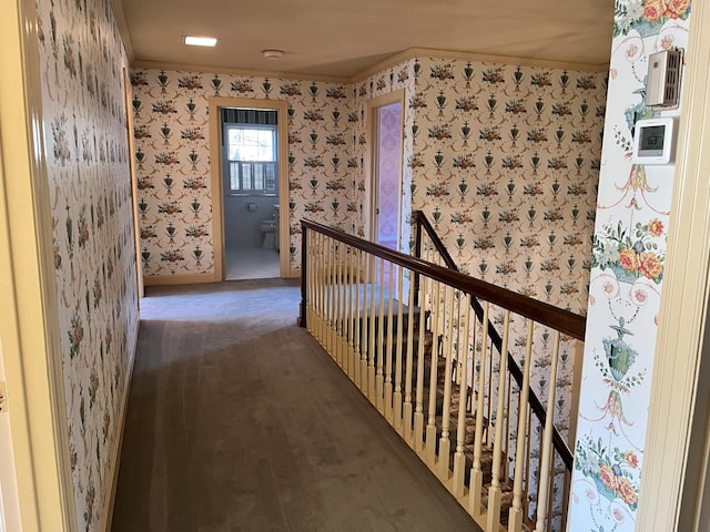 hallway with crown molding and dark carpet