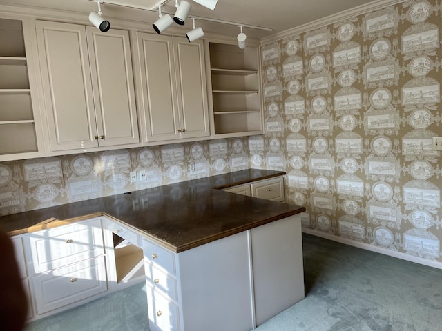 kitchen featuring track lighting, white cabinetry, ornamental molding, and dark carpet