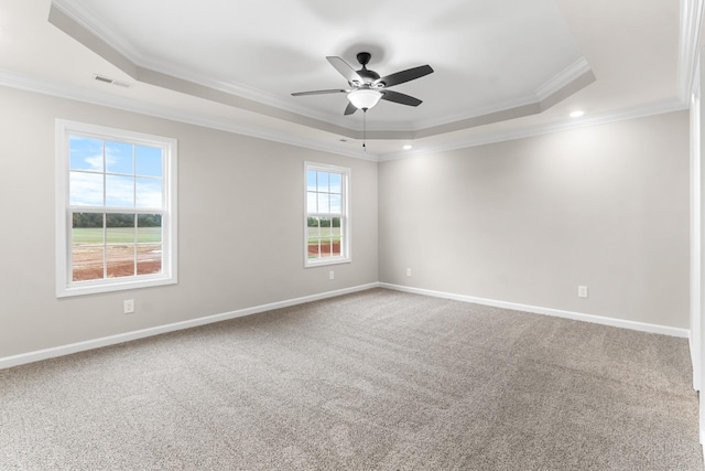 carpeted spare room featuring ceiling fan, crown molding, and a raised ceiling