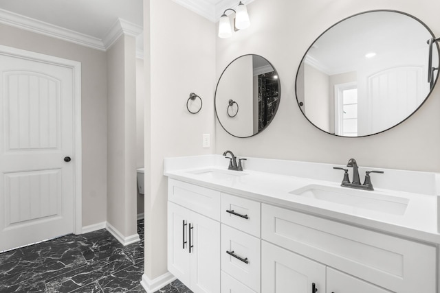 bathroom with toilet, crown molding, and vanity