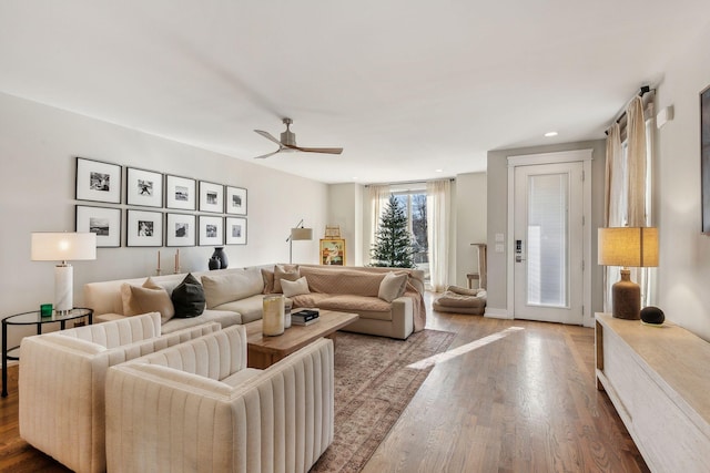 living room featuring ceiling fan and hardwood / wood-style flooring