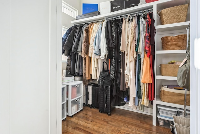 walk in closet with dark wood-type flooring