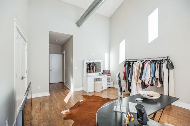 interior space featuring a high ceiling and hardwood / wood-style floors