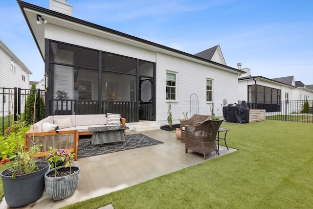 back of property featuring an outdoor hangout area, a patio area, and a yard