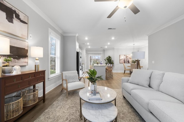 living room featuring ceiling fan, crown molding, and wood-type flooring