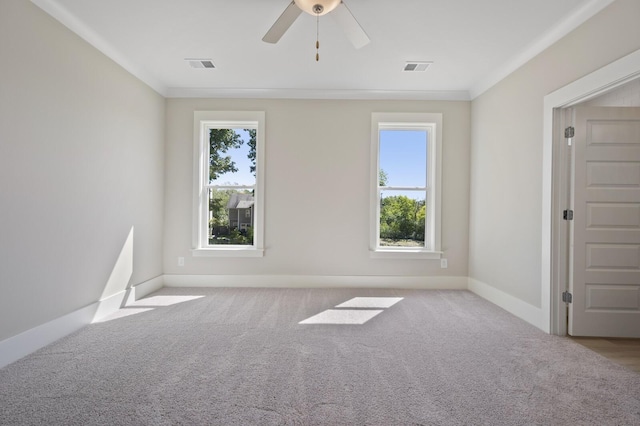 carpeted empty room with ceiling fan and ornamental molding