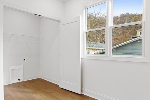 laundry area with laundry area, baseboards, electric dryer hookup, and wood finished floors