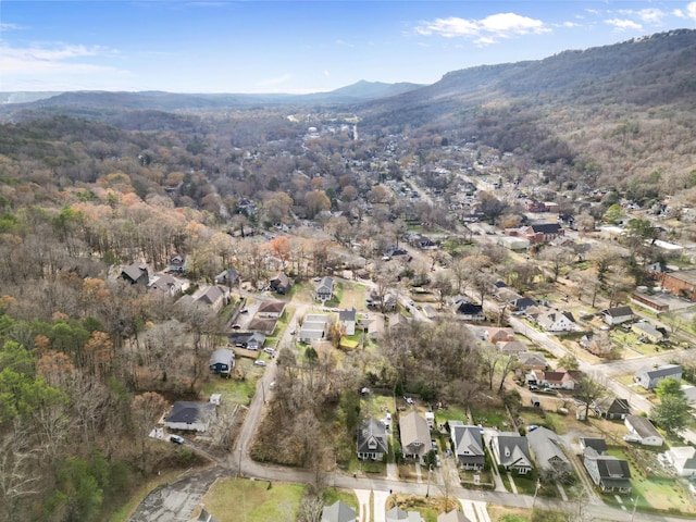 drone / aerial view featuring a mountain view