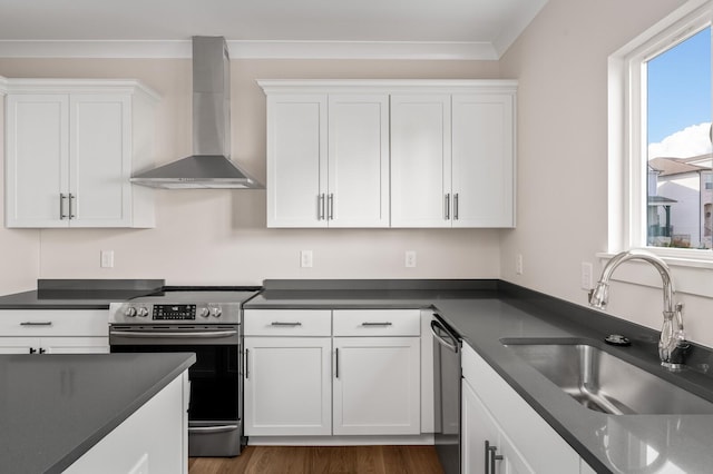 kitchen with sink, appliances with stainless steel finishes, ornamental molding, white cabinets, and wall chimney exhaust hood