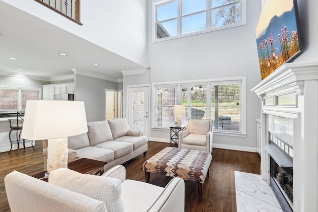 living room with a high ceiling, dark hardwood / wood-style floors, crown molding, and a fireplace