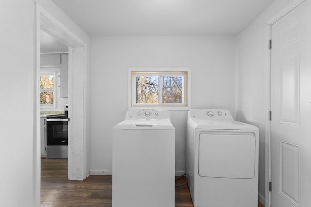 laundry room featuring washing machine and dryer and dark hardwood / wood-style floors