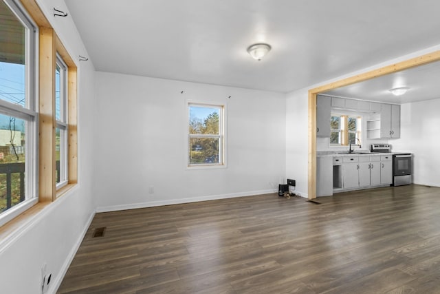 unfurnished living room featuring dark wood-type flooring and sink