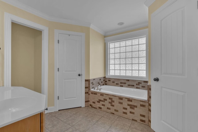 bathroom featuring a relaxing tiled tub, tile patterned floors, vanity, and ornamental molding