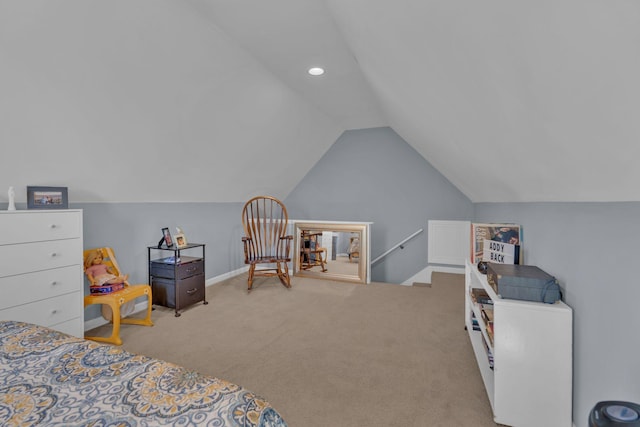 bedroom featuring lofted ceiling and carpet floors