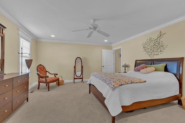 bedroom featuring ceiling fan, light carpet, and crown molding