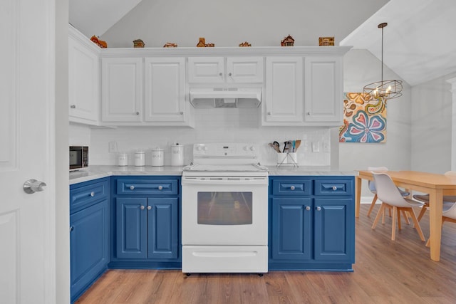 kitchen featuring white cabinetry, backsplash, blue cabinets, pendant lighting, and white range with electric cooktop