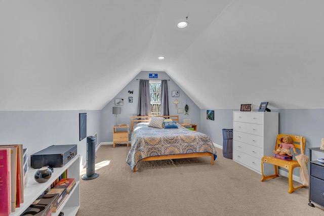 bedroom featuring light carpet and lofted ceiling