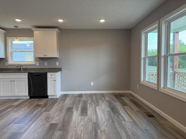 kitchen featuring dishwasher, a wealth of natural light, and white cabinetry