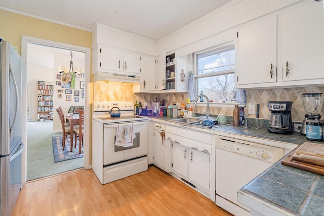 kitchen featuring white appliances, a sink, under cabinet range hood, and decorative backsplash