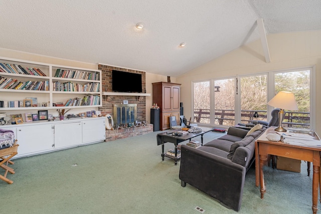 carpeted living room with lofted ceiling, a textured ceiling, a brick fireplace, and built in features