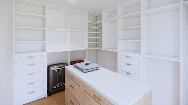 walk in closet with light hardwood / wood-style flooring