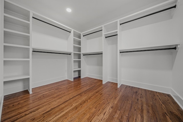 spacious closet with a barn door and wood finished floors