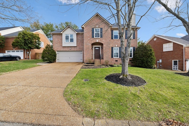 view of front of property featuring a front yard and a garage