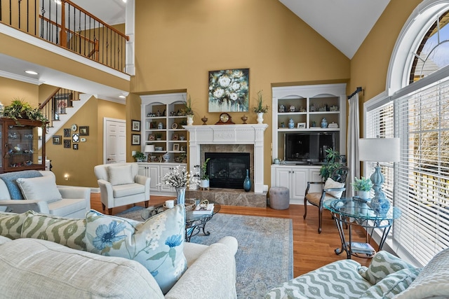 living room featuring high vaulted ceiling, light hardwood / wood-style flooring, and a fireplace