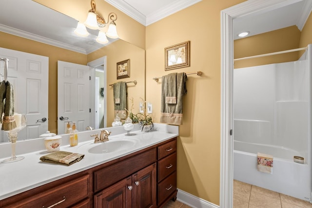 bathroom with tile patterned flooring, crown molding, tub / shower combination, and vanity