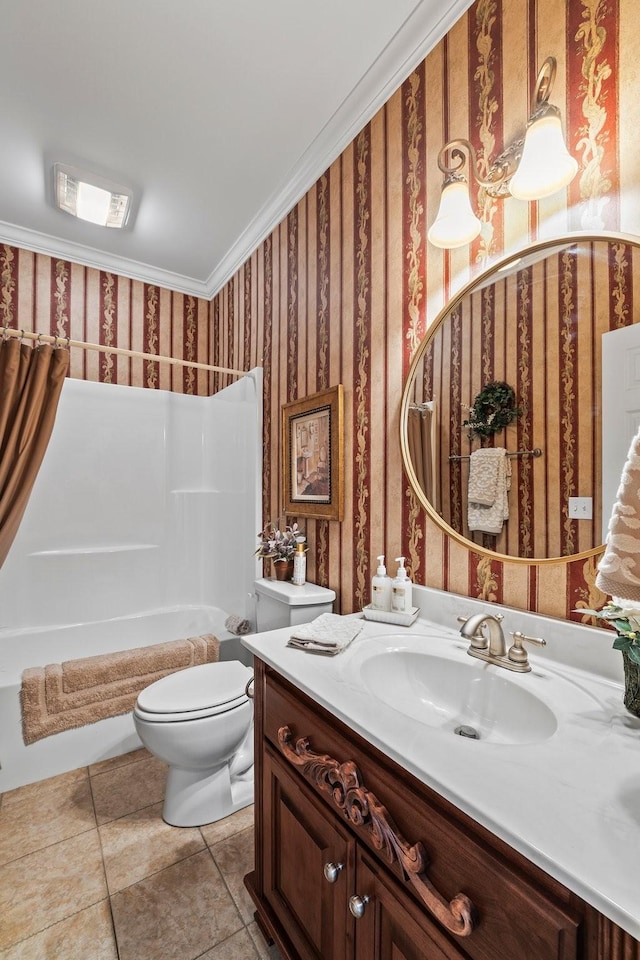 full bathroom featuring toilet, shower / bath combination, tile patterned flooring, ornamental molding, and vanity