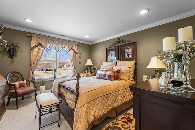 bedroom with light colored carpet and ornamental molding