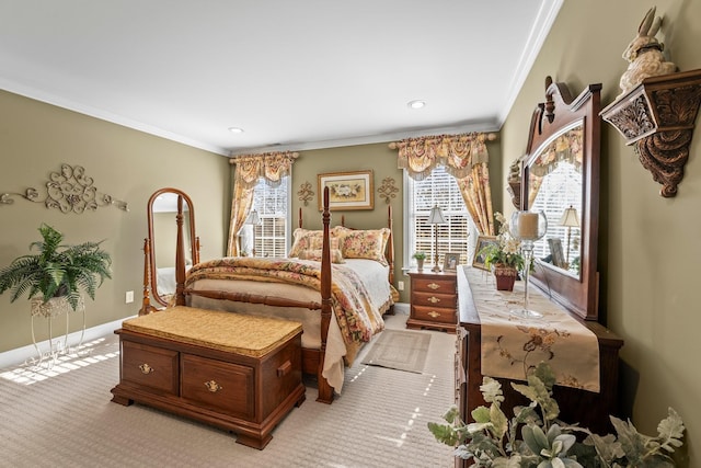 carpeted bedroom featuring ornamental molding