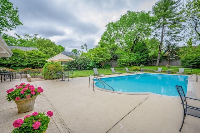 view of pool with a yard and a patio