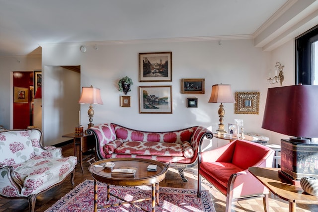 living room featuring parquet flooring and crown molding