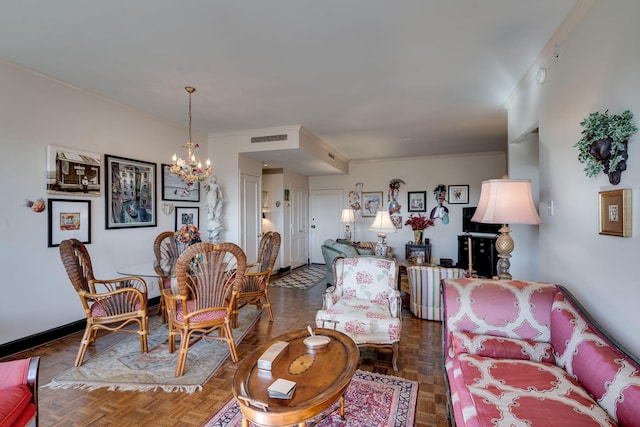 living room featuring dark parquet flooring and an inviting chandelier