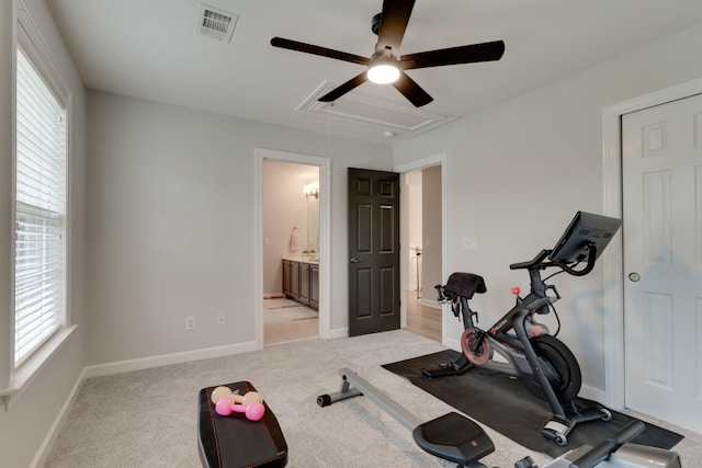 workout room featuring light colored carpet