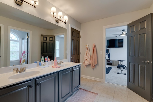 bathroom with ceiling fan, vanity, and tile patterned flooring