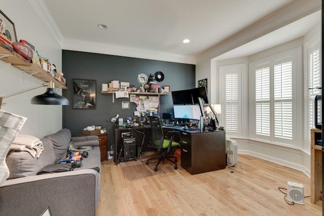 office space featuring crown molding and light wood-type flooring