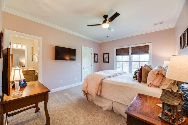 carpeted bedroom with ceiling fan, ornamental molding, and connected bathroom