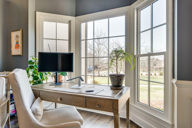 office space with wood-type flooring