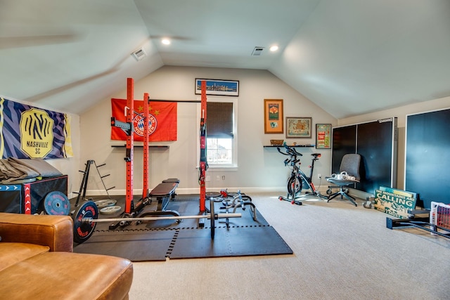 workout area featuring carpet flooring and lofted ceiling