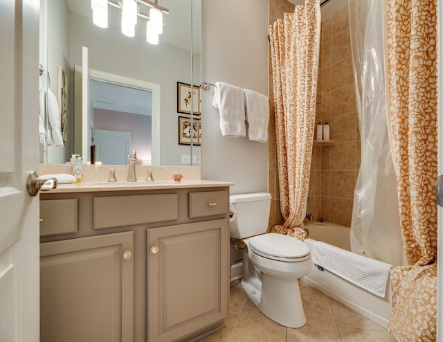 full bathroom with toilet, vanity, shower / tub combo, and tile patterned flooring