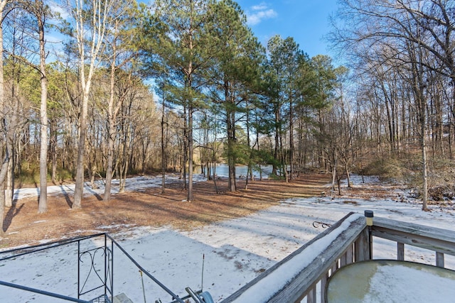 yard layered in snow featuring a water view