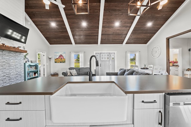 kitchen featuring wooden ceiling, white cabinetry, and lofted ceiling