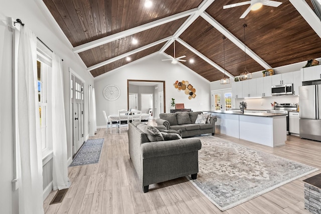 living room with ceiling fan, wooden ceiling, light wood-type flooring, high vaulted ceiling, and a wealth of natural light