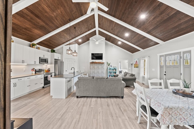 living room featuring wooden ceiling, ceiling fan, high vaulted ceiling, light hardwood / wood-style flooring, and sink