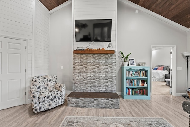 sitting room featuring wooden ceiling, wood-type flooring, and high vaulted ceiling